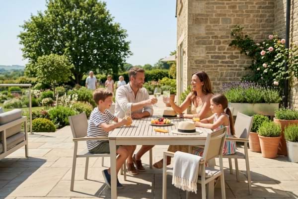 Une famille souriante profitant d'un verre sur une terrasse