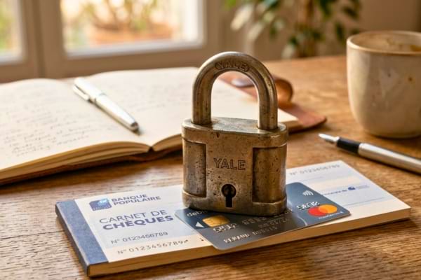 Un gros cadenas métallique posé sur un carnet de chèques et une carte bancaire sur un bureau en bois