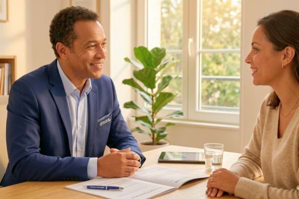 Un conseiller bancaire souriant et bienveillant qui discute doucement avec une personne