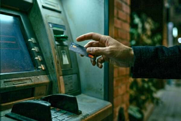 Une main qui hésite à insérer une carte bancaire dans un distributeur de billets