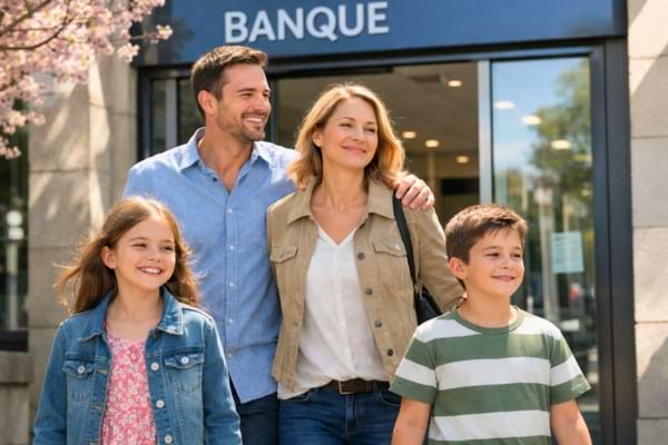 Une famille apaisée qui sort d'une agence bancaire en souriant,