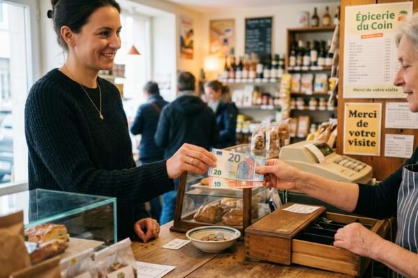 person paying with euro cash at small shop