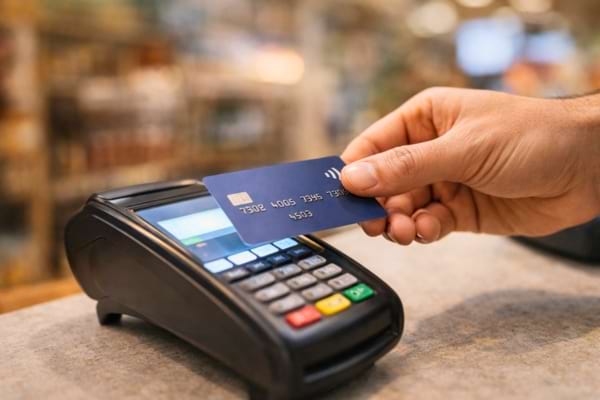 realistic contactless card payment in modern store, close-up terminal