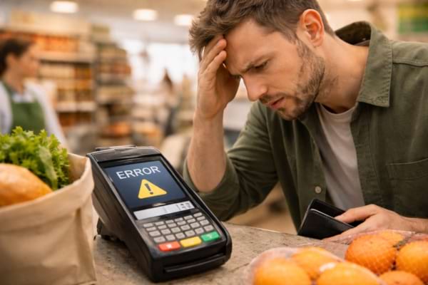 store payment terminal error screen frustrated customer