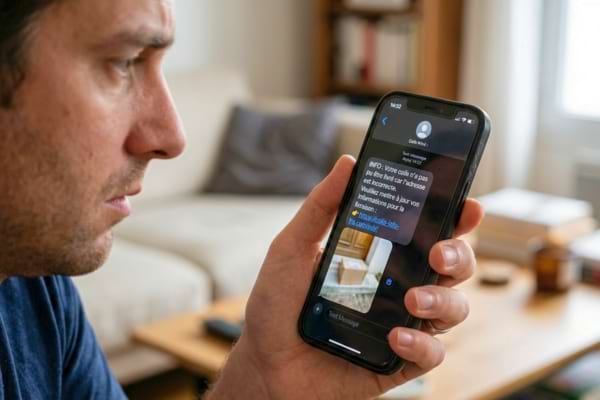 un smartphone tenu dans une main, affichant un SMS de livraison suspect
