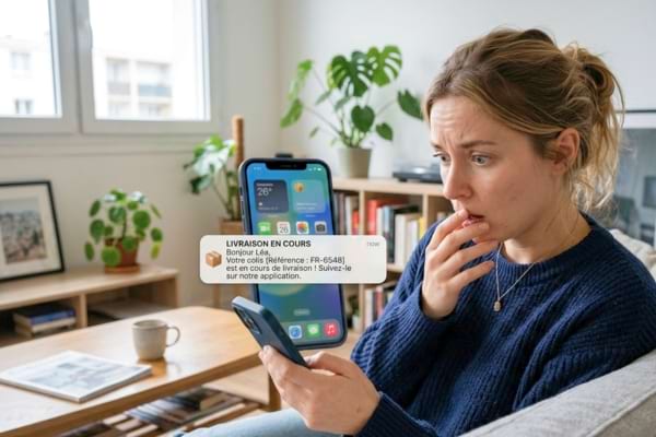 personne regardant son t&eacute;l&eacute;phone avec un air surpris, notification de livraison affich&eacute;e &agrave; l&rsquo;&eacute;cran