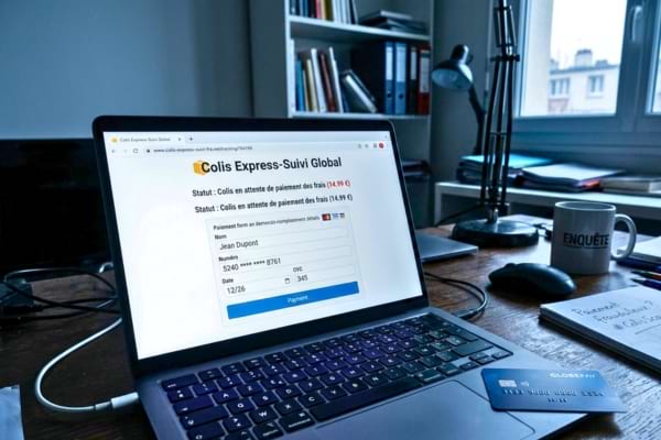 &eacute;cran d&rsquo;ordinateur portable affichant un faux site de suivi de colis, formulaire de paiement visible