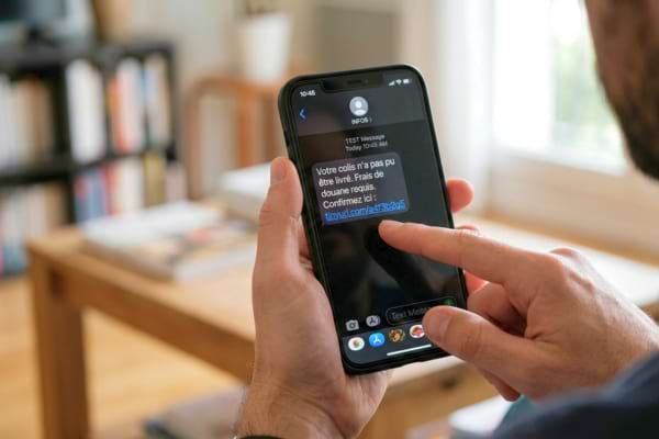 smartphone affichant un SMS suspect avec lien &eacute;trange, doigt arr&ecirc;t&eacute; juste avant de cliquer