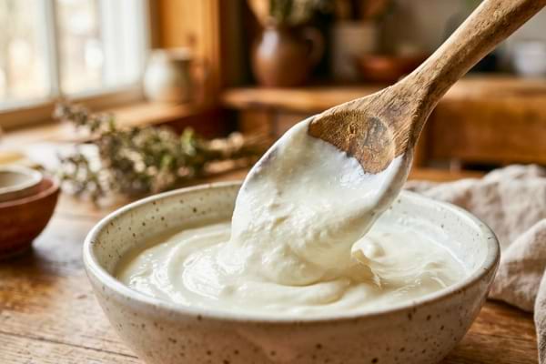 Une cuillère en bois plongeant dans un yaourt blanc onctueux