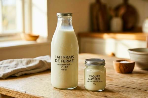 une bouteille en verre de lait frais à côté d'un petit pot en verre contenant du yaourt nature