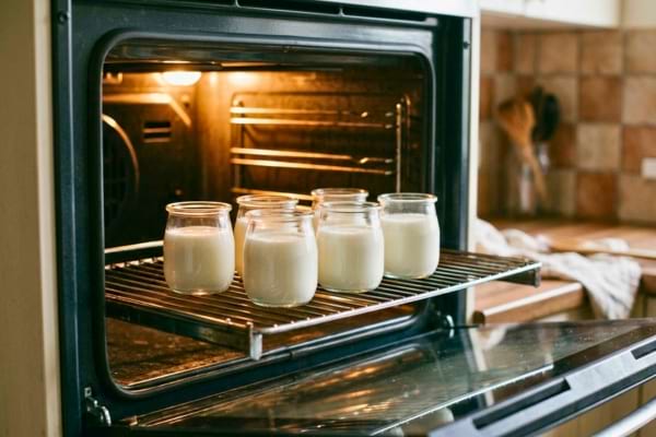 plusieurs petits pots en verre remplis de lait blanc, alignés sur la grille d'un four entrouvert
