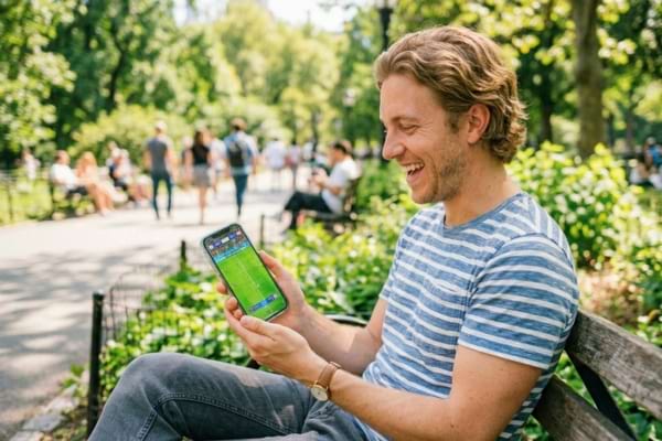 Une personne souriante assise dans un parc ensoleill&eacute;, tenant un smartphone moderne qui diffuse un match de football.