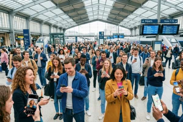 Une foule de gens heureux dans une gare moderne, chacun regardant son propre smartphone