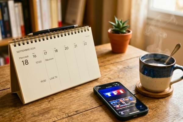 Un calendrier de bureau moderne pos&eacute; &agrave; c&ocirc;t&eacute; d'un smartphone affichant un logo de cha&icirc;ne de t&eacute;l&eacute;vision