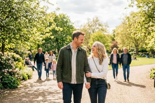 Un homme de 40 ans souriant et une femme de 25 ans marchant main dans la main 