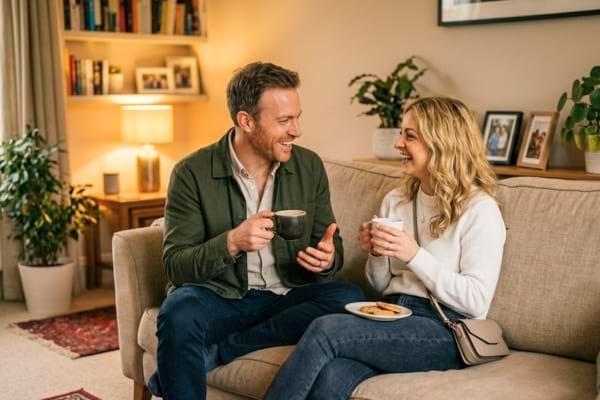 Un couple (homme 40 ans, femme 25 ans) assis sur un canap&eacute; confortable, discutant joyeusement 