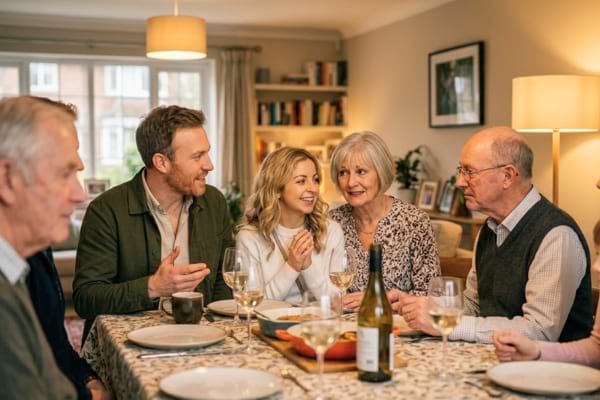 Un d&icirc;ner de famille autour d'une table bien dress&eacute;e, la jeune femme de 25 ans et l'homme de 40 ans sourient