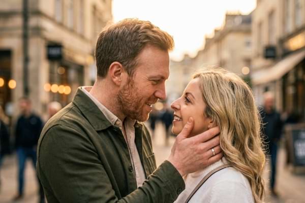 visages complices d'un homme de 40 ans et d'une femme de 25 ans se regardant dans les yeux