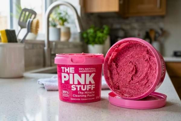 photo of a bright pink tub of "The Pink Stuff" cleaning paste sitting on a clean kitchen counter