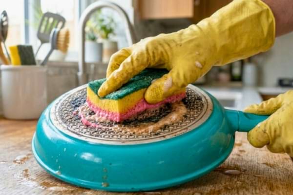 a person wearing yellow rubber cleaning gloves scrubbing the dirty bottom of the turquoise pan with a classic yellow