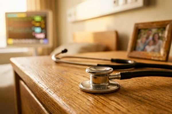 un stéthoscope posé sur une table de chevet en bois dans une chambre d'hôpital