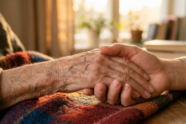 deux mains qui se tiennent tendrement : une main jeune et une main très ridée