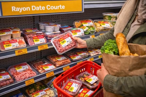 Des aliments dans le rayon date courte en promos