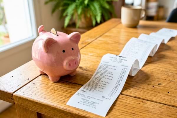 a cute pink piggy bank sitting next to a long supermarket receipt on a wooden table