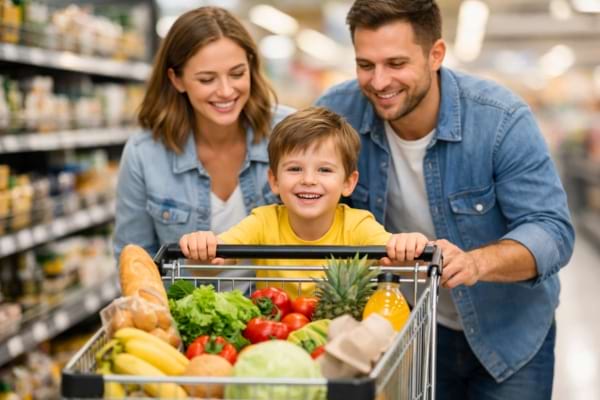 A happy family with a young child pushing a shopping cart full of fresh groceries in a bright