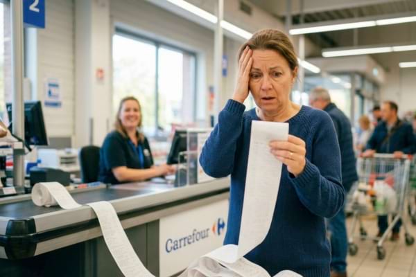 A surprised and slightly worried person looking at a very long supermarket receipt, holding their head with one hand,
