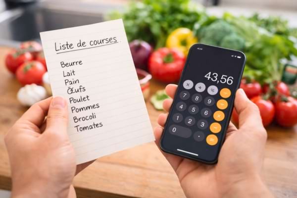 Close-up of hands holding a handwritten shopping list and a smartphone displaying a calculator app