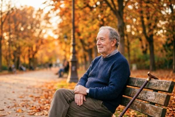 Un homme de 68 ans, cheveux gris, assis sur un banc dans un parc en automne. Il regarde au loin avec un l&eacute;ger sourire r&eacute;sign&eacute;