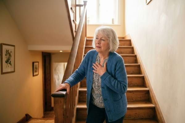 Une femme de 70 ans s'arr&ecirc;tant au milieu d'un escalier en bois &agrave; l'int&eacute;rieur d'une maison