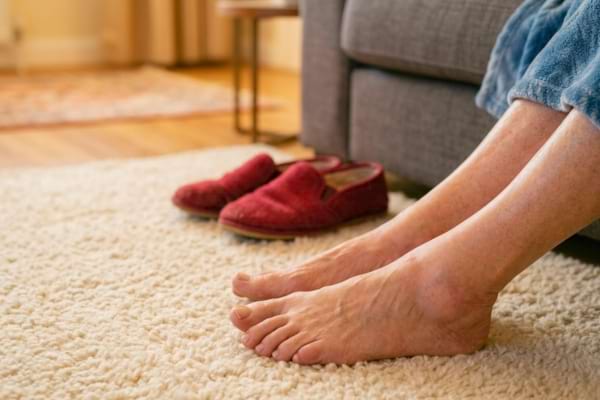 Gros plan sur les pieds nus d'une personne &acirc;g&eacute;e pos&eacute;s sur un tapis doux dans un salon