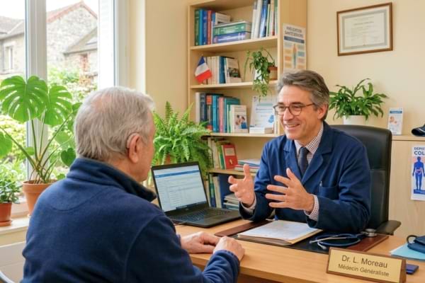 Un m&eacute;decin g&eacute;n&eacute;raliste assis &agrave; son bureau face &agrave; un patient senior