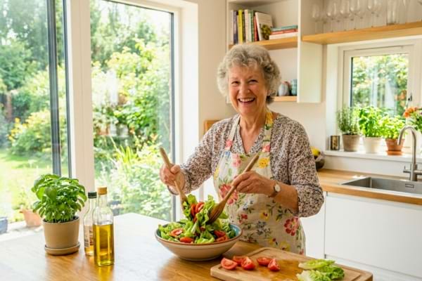 Une personne âgée souriante et dynamique, préparant une salade colorée dans une cuisine