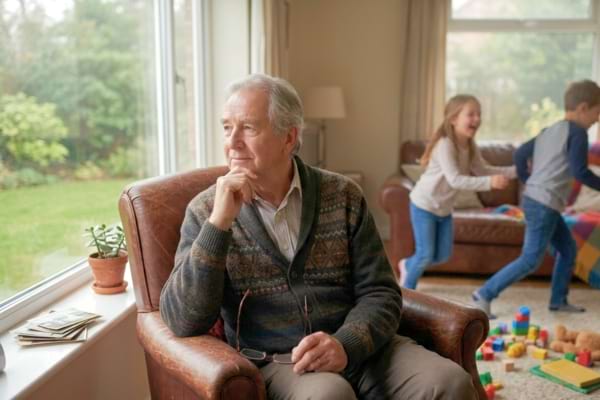 Un senior assis dans un fauteuil confortable dans un salon de famille