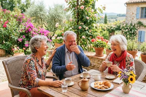 Trois personnes âgées très souriantes, assises autour d'une belle table en bois sur une terrasse ensoleillée.