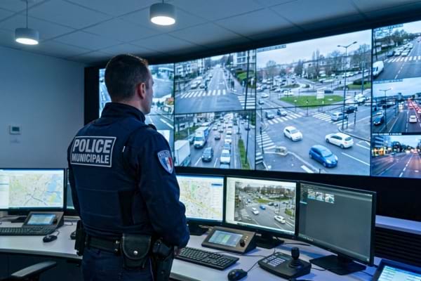 Un policier municipal concentr&eacute;, de dos, regardant un grand mur d'&eacute;crans de contr&ocirc;le