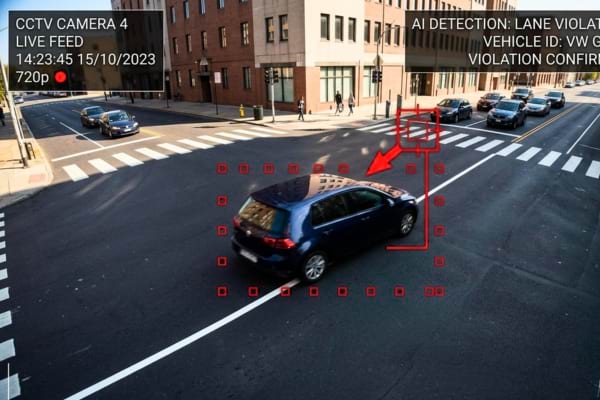 Une vue depuis une cam&eacute;ra de surveillance en hauteur montrant une voiture qui franchit une ligne blanche