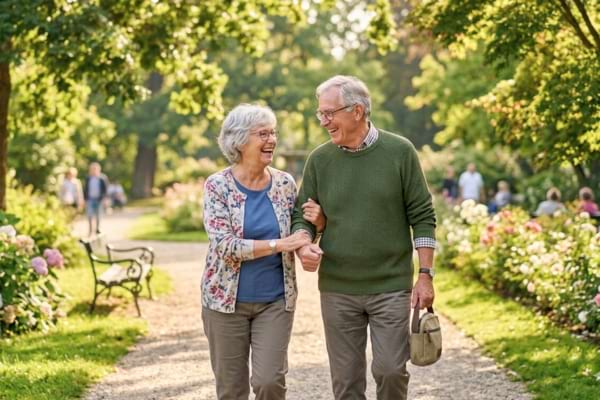 Un couple de personnes âgées très souriantes et complices marchant dans un parc