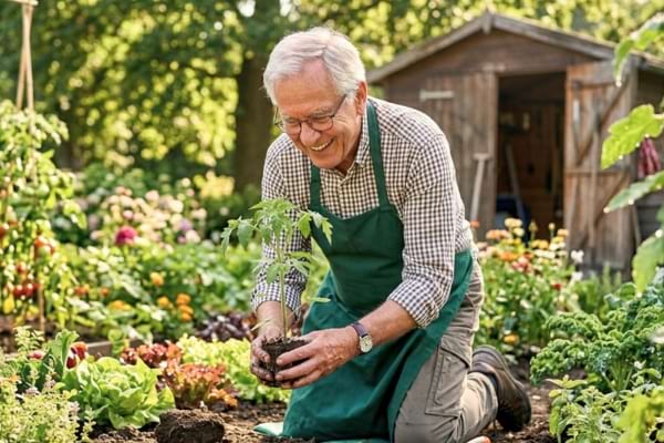 Un grand-père souriant qui jardine avec passion dans un potager
