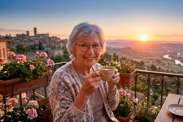 Une femme âgée souriante buvant un café sur un balcon face à un magnifique lever du soleil