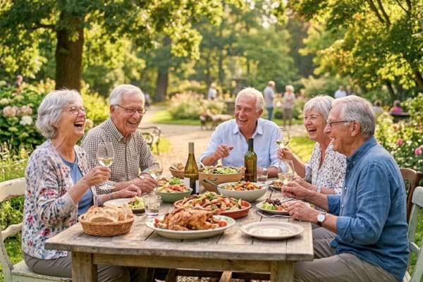Un groupe d'amis âgés très joyeux qui rigolent fort autour d'un repas