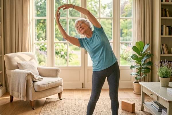 Une personne âgée en pleine forme faisant des étirements doux dans un salon