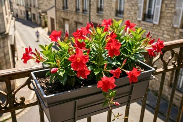 Beautiful blooming red Dipladenia flowers in a modern balcony pot