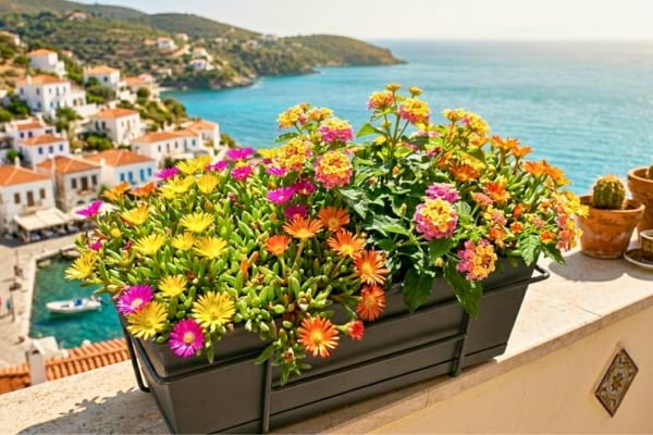 Colorful Delosperma and Lantana flowers in a sunny garden planter,