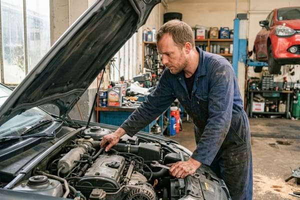 un m&eacute;canicien avec les mains l&eacute;g&egrave;rement cambouis, regardant le moteur ouvert d'une voiture