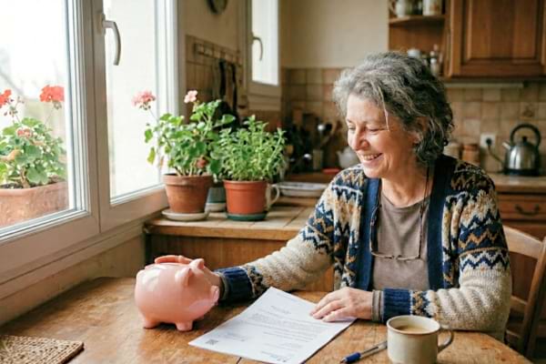 Une femme souriante d'une soixantaine d'années, assise à la table de sa cuisine
