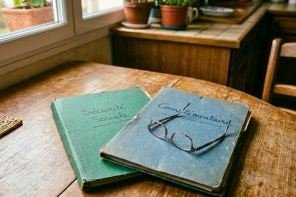 Deux dossiers cartonnés de couleurs différentes posés sur un bureau en bois rustique